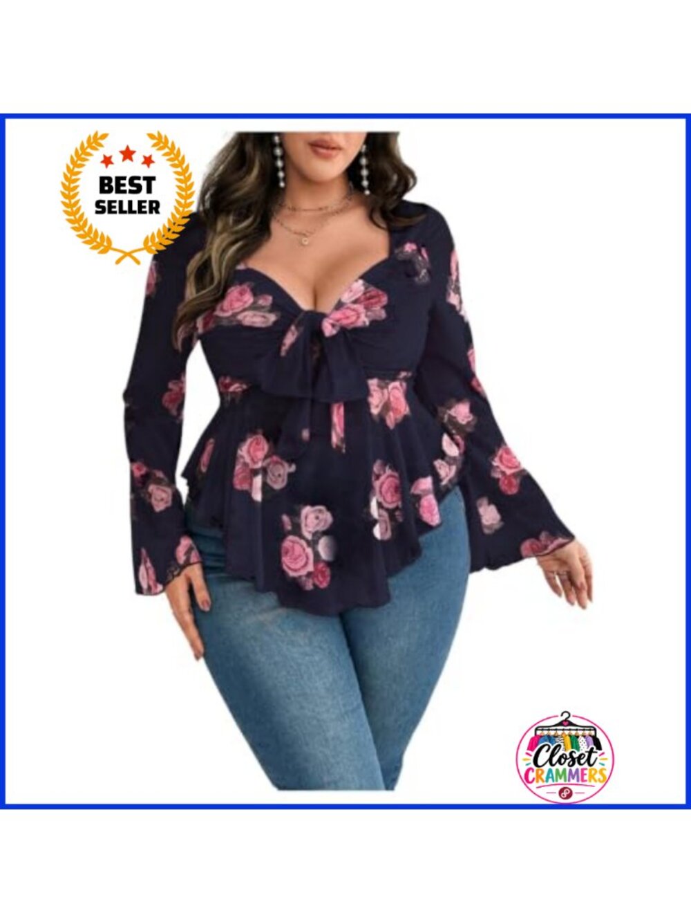 Plus Size Floral Long Sleeve Tie Front Mesh Blouse